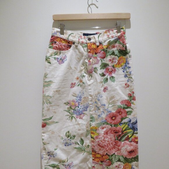 VINTAGE RALPH LAUREN Floral Midi Pencil Skirt in White Denim Preppy Cottagecore - Picture 3 of 16